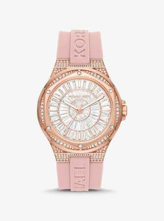 Michael Kors Lennox Pavé Rose Gold-Tone and Silicone Watch